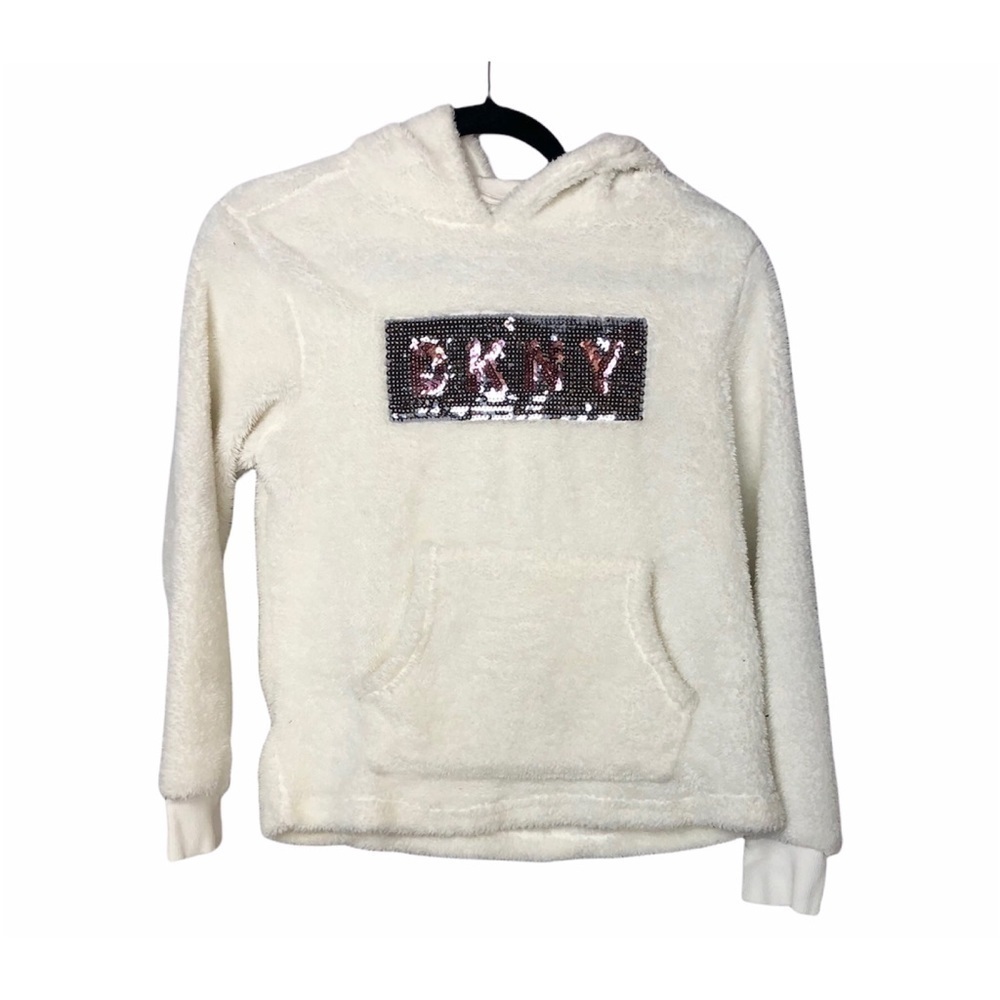 DKNY Girls Sherpa Sequin‎ Logo Ivory Hoodie Sweatshirt L / 12